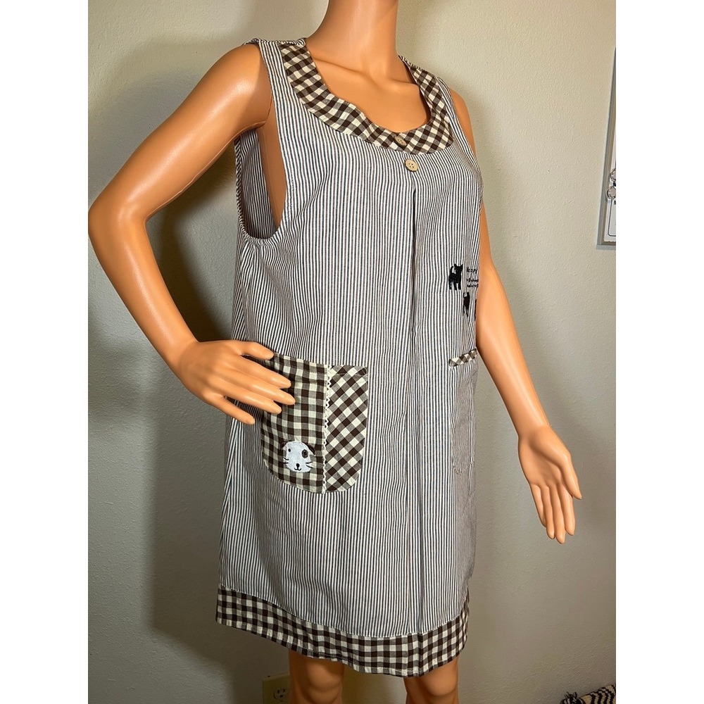 Cute Dog Pinafore Apron Dress Brown Stripe Gingham Cottagecore Mori Girl Tunic‎
